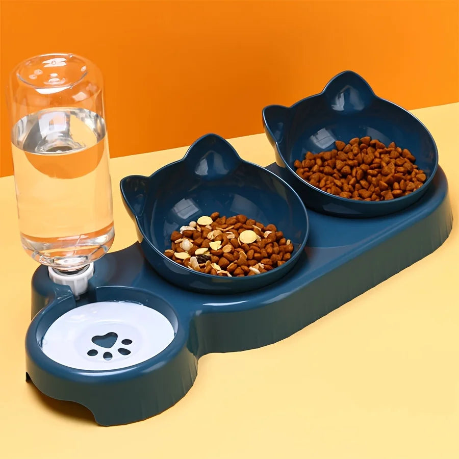 Pet Bowls With Water Feeder, 3 In 1 Ear Design Tilted Cat Water And Food Bowl Set With Gravity Water Bottle For Neck Protection - MyBestMate