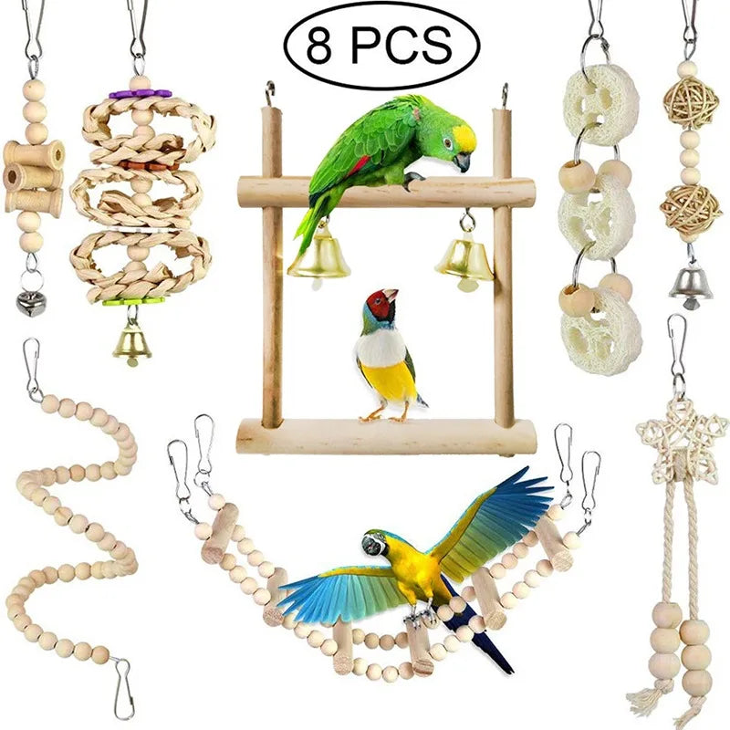 8PCS Set Combination Parrot Bird Toys Wood Articles Bite Pet Bird Toys For Parrot Training Bird Toy Swing Ball Bell Standing - MyBestMate