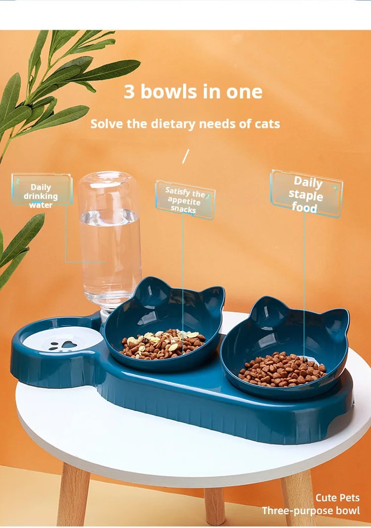 Pet Bowls With Water Feeder, 3 In 1 Ear Design Tilted Cat Water And Food Bowl Set With Gravity Water Bottle For Neck Protection - MyBestMate