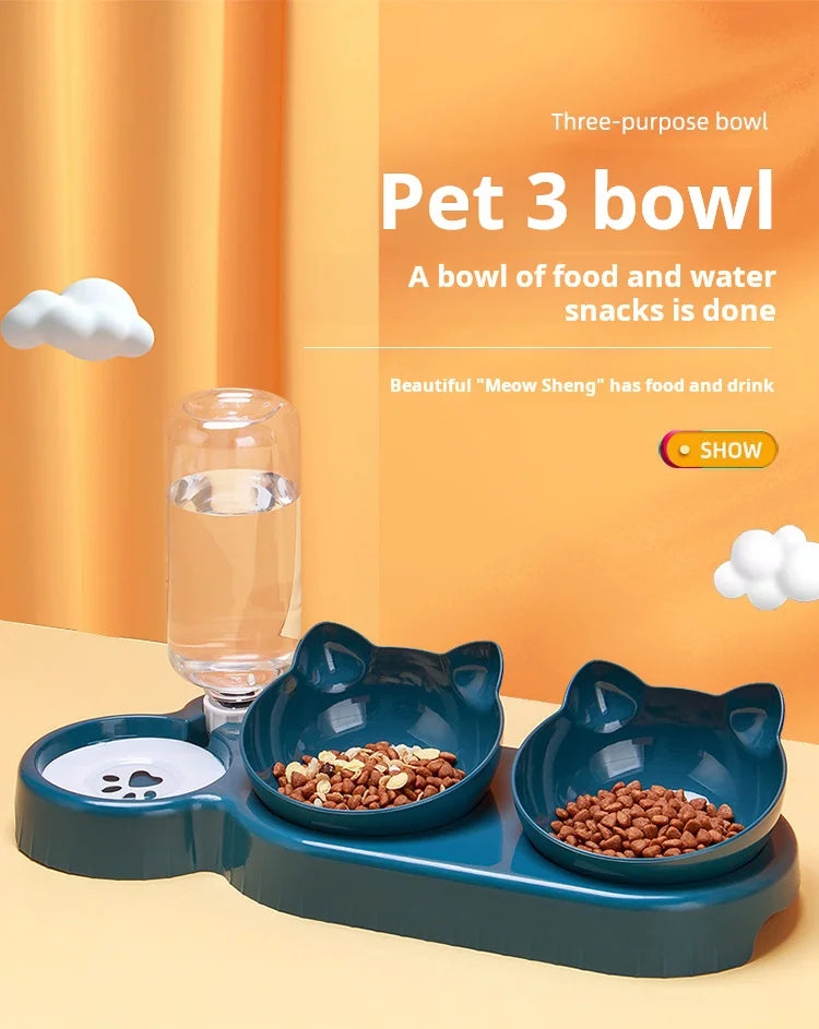 Pet Bowls With Water Feeder, 3 In 1 Ear Design Tilted Cat Water And Food Bowl Set With Gravity Water Bottle For Neck Protection - MyBestMate