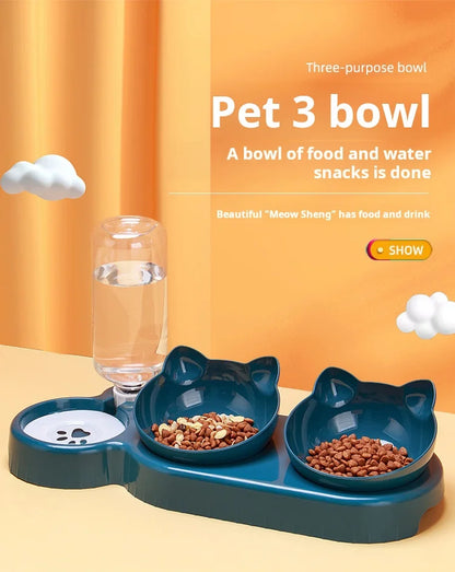 Pet Bowls With Water Feeder, 3 In 1 Ear Design Tilted Cat Water And Food Bowl Set With Gravity Water Bottle For Neck Protection - MyBestMate