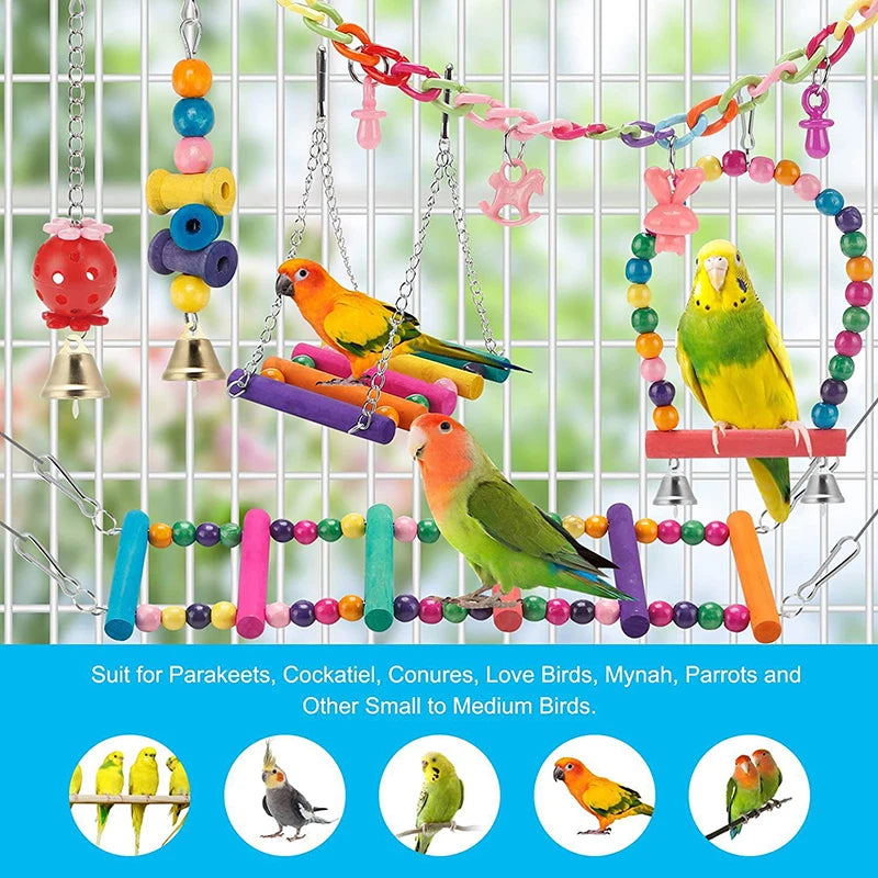 Bird Cage Toys for Parrots Wood Birds Swing Reliable Chewable Bite Bridge Wooden Beads Shape Parrot Toy 11pcs Bird Toys - MyBestMate