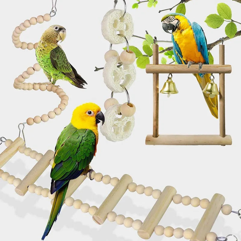 8PCS Set Combination Parrot Bird Toys Wood Articles Bite Pet Bird Toys For Parrot Training Bird Toy Swing Ball Bell Standing - MyBestMate