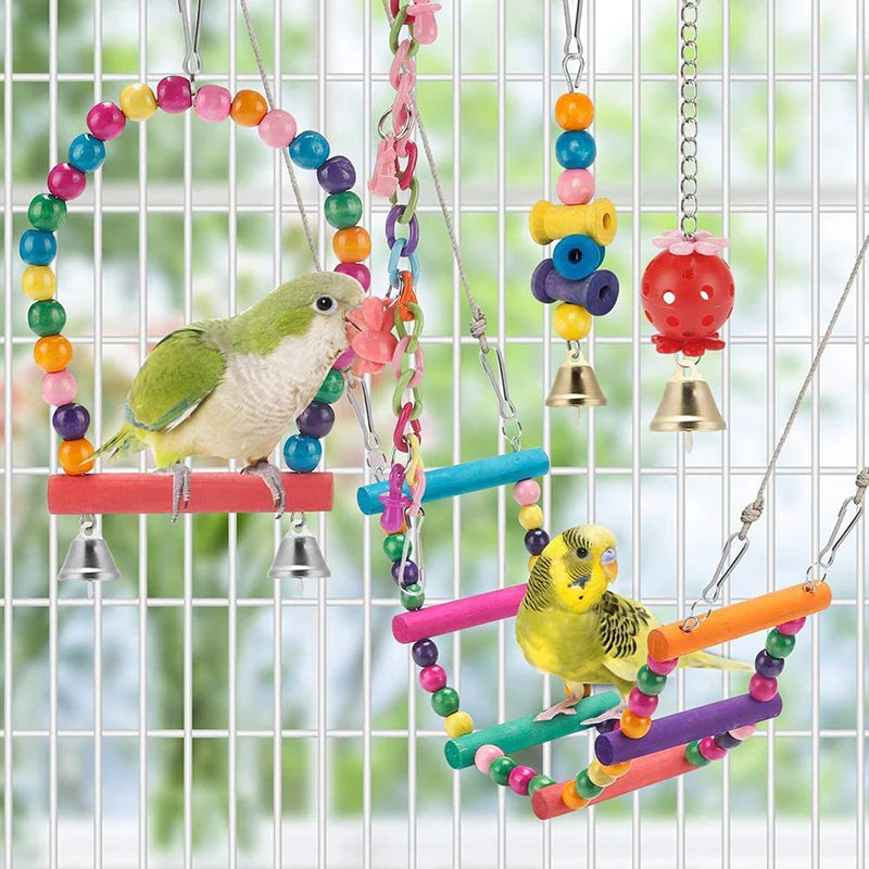 Bird Cage Toys for Parrots Wood Birds Swing Reliable Chewable Bite Bridge Wooden Beads Shape Parrot Toy 11pcs Bird Toys - MyBestMate